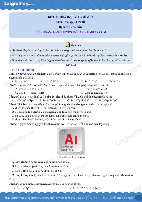 Đề thi giữa kì 1 Hóa 10 Cánh diều - Đề số 10
